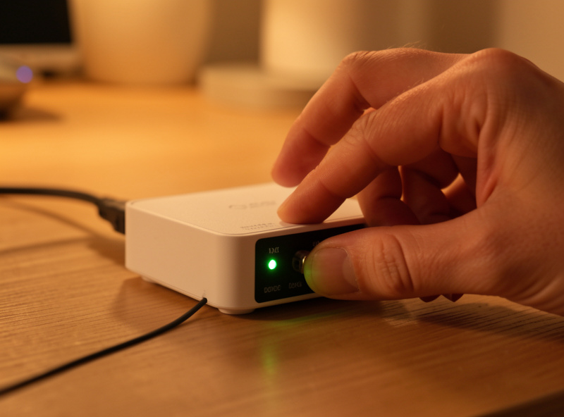 Hand adjusting settings on a home networking device with status LEDs
