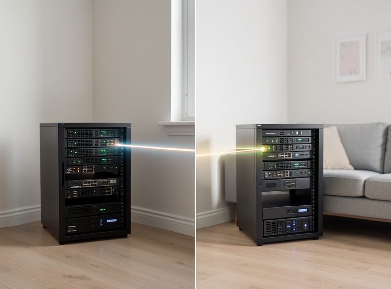 Two home network setups in separate locations linked by a permanent encrypted tunnel for offsite backup