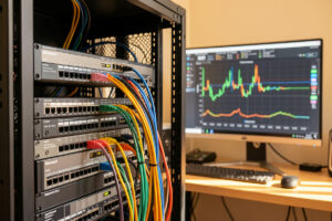 Homelab rack with a managed switch and per-port traffic graphs on a monitor