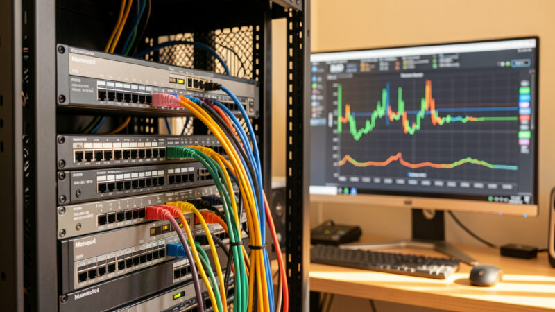 Homelab rack with a managed switch and per-port traffic graphs on a monitor