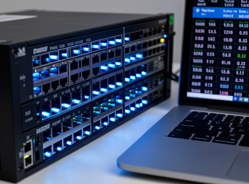 Managed switch with active ports beside a laptop showing per-port traffic counters