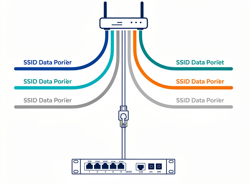 Diagram of an access point tagging different SSIDs onto different VLANs over one uplink cable