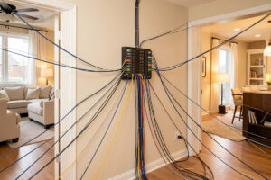 Structured home network with cables radiating from a central rack to each room