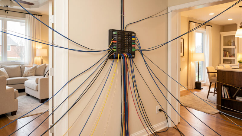 Structured home network with cables radiating from a central rack to each room