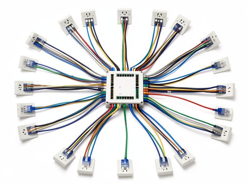 Diagram-style view of a home-run star network with cables radiating from a central rack to rooms