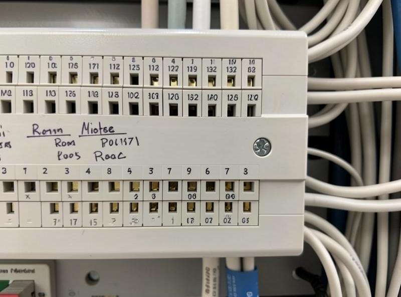 A labelled patch panel showing numbered ports mapped to rooms in a structured home network