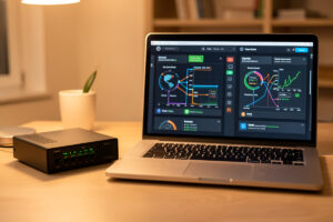 Home firewall appliance and a laptop comparing Suricata and Snort security dashboards