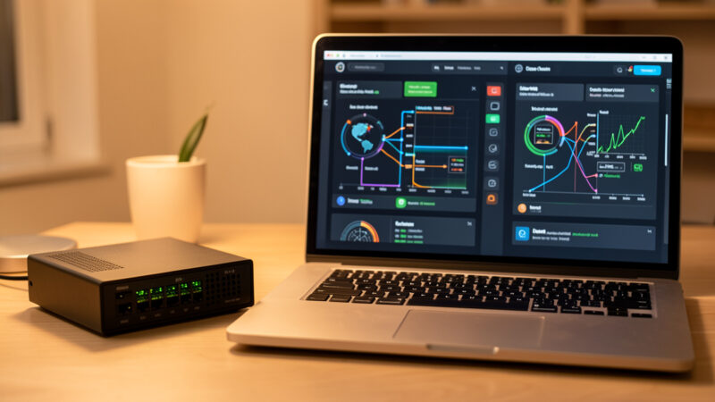 Home firewall appliance and a laptop comparing Suricata and Snort security dashboards