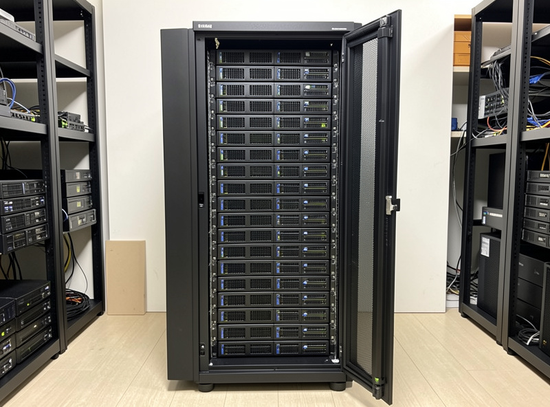 TrueNAS storage server with multiple matched hard drives in a home rack chassis