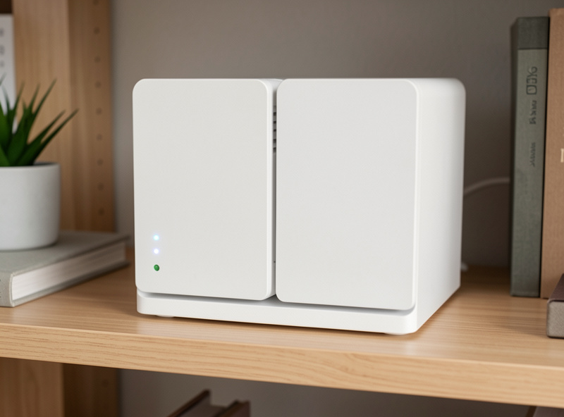Compact desktop Synology-style NAS appliance with two drive bays on a home office shelf