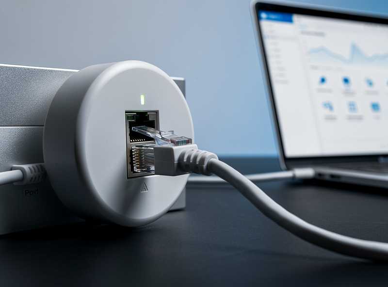 UniFi access point connected to a PoE switch port with the controller dashboard on a laptop nearby
