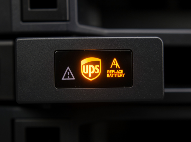 A UPS front panel showing a replace-battery warning indicator illuminated