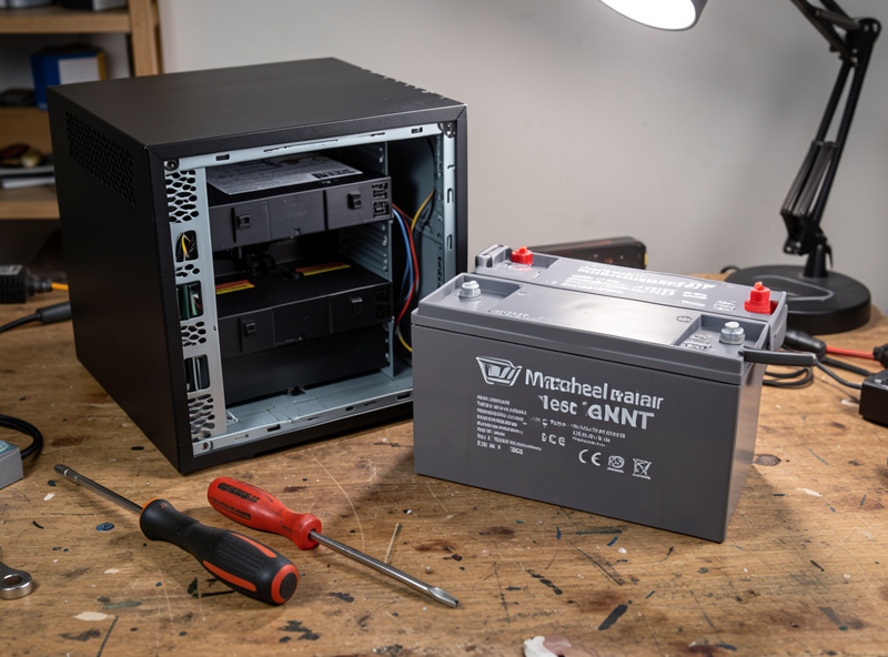 A matched pair of sealed lead-acid replacement batteries next to an open UPS battery compartment