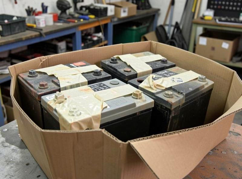 Old sealed lead-acid UPS batteries with taped terminals ready for recycling