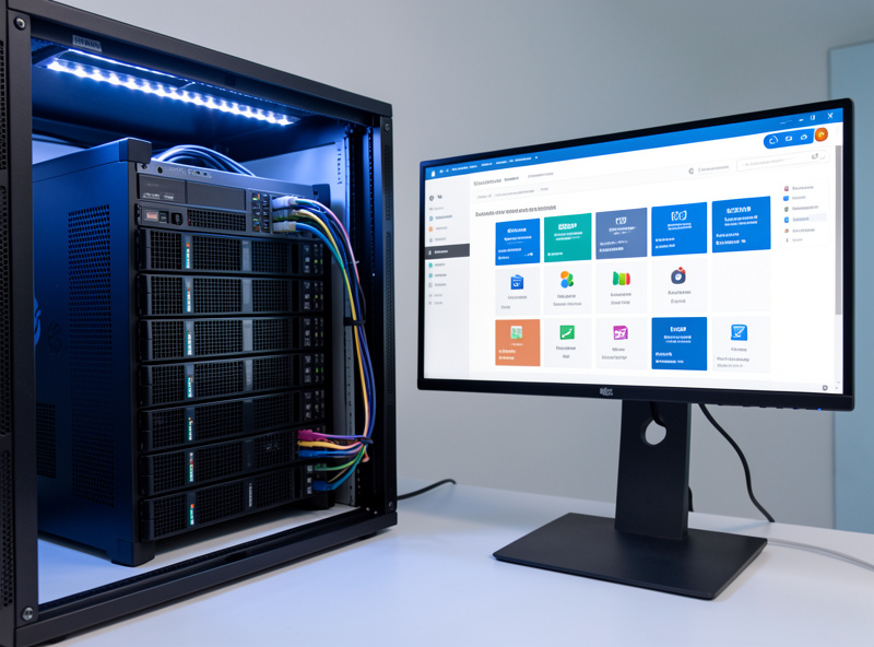 A Proxmox host server connected to a UPS, with the Proxmox web dashboard showing running VMs on a monitor nearby