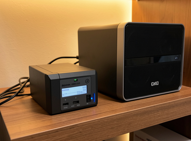 A single Proxmox node and UPS on a shelf with a NAS, representing a small home lab power setup