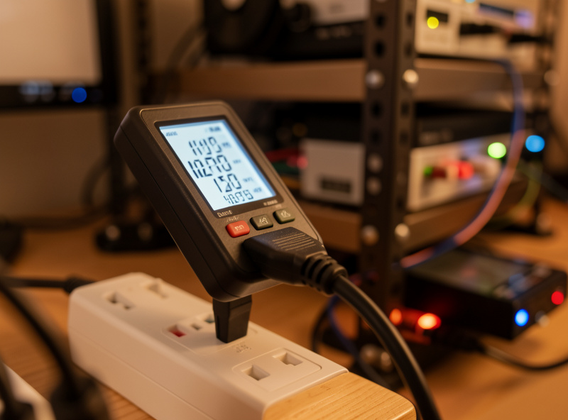 A plug-in power meter showing a home lab rack's watt draw next to a UPS displaying estimated runtime