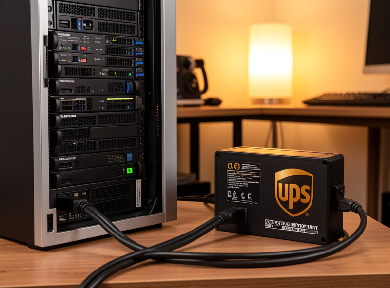 A UPS with an external extended-runtime battery pack connected beside a home lab rack