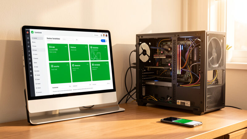 Home server status page on a wall tablet beside a homelab rack