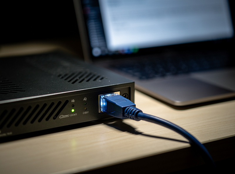 A serial console cable plugged into a home firewall appliance for recovery after a lockout