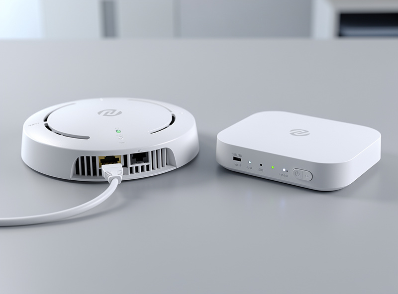 Side by side of a wired ceiling access point and a wireless mesh node on a desk