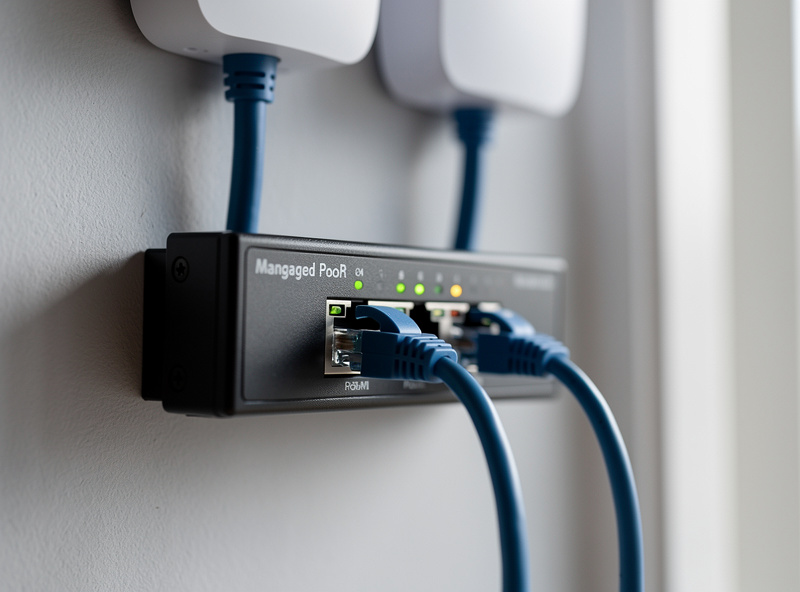 Small managed PoE switch with two Ethernet cables running to ceiling access points