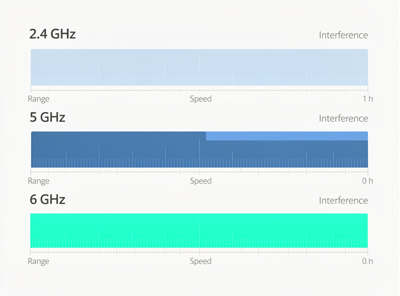 Diagram comparing 2.4, 5, and 6 GHz Wi-Fi bands with channel widths