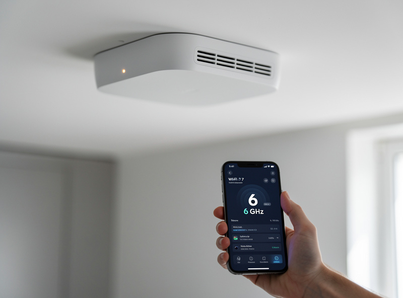 Modern Wi-Fi 7 access point on a ceiling with a smartphone showing a 6 GHz connection