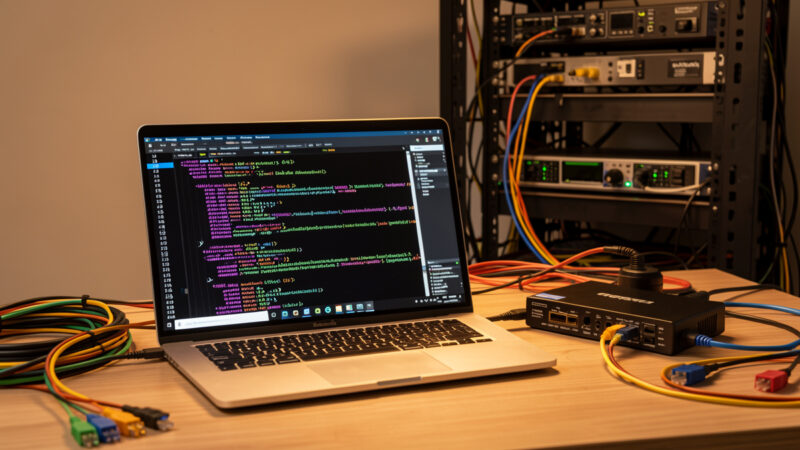 Network troubleshooting bench with a Wireshark capture, a TAP and a homelab rack