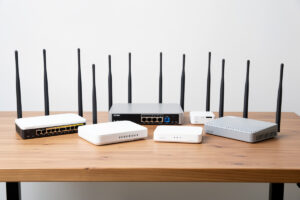 Several LTE and 5G modems and routers arranged on a desk as a product roundup