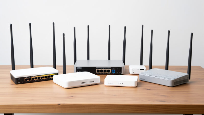 Several LTE and 5G modems and routers arranged on a desk as a product roundup