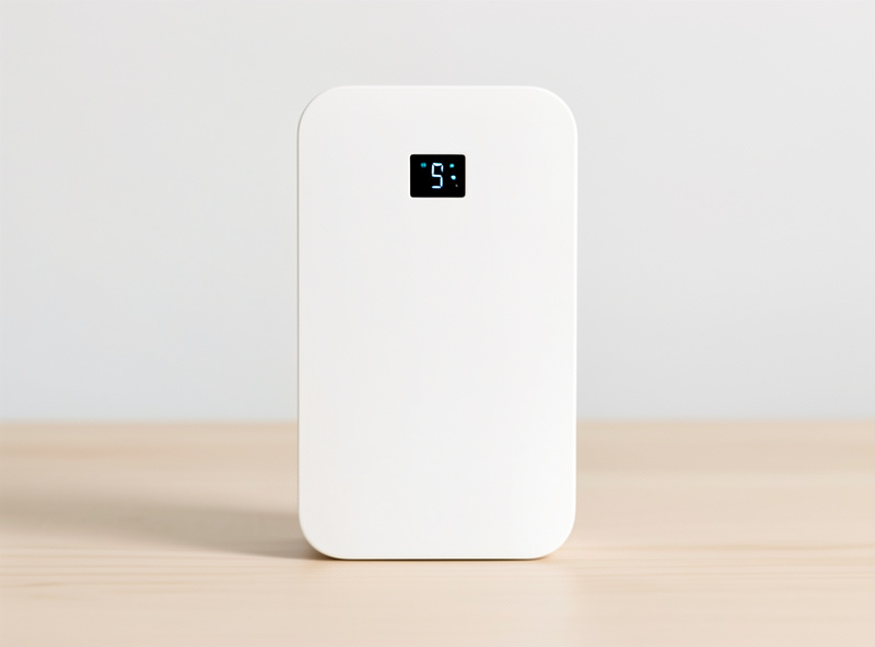 A sleek white consumer 5G home router standing upright on a table with a status display