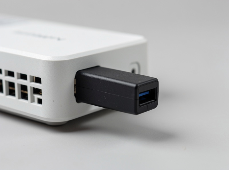 A compact USB LTE modem dongle plugged into the side of a small networking device