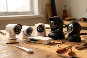 Several PoE IP security cameras in bullet, dome, and turret styles arranged on a workbench with a PoE switch