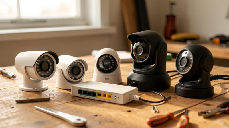 Several PoE IP security cameras in bullet, dome, and turret styles arranged on a workbench with a PoE switch