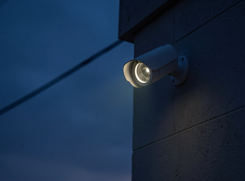 PoE bullet camera mounted on an exterior wall corner at dusk with faint IR illumination