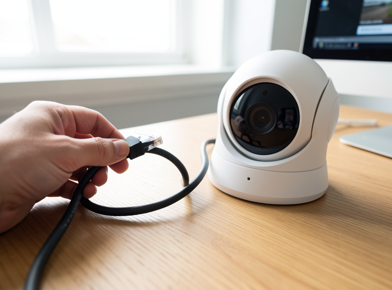 Hand holding an ethernet cable next to a dome camera showing the single-cable PoE connection