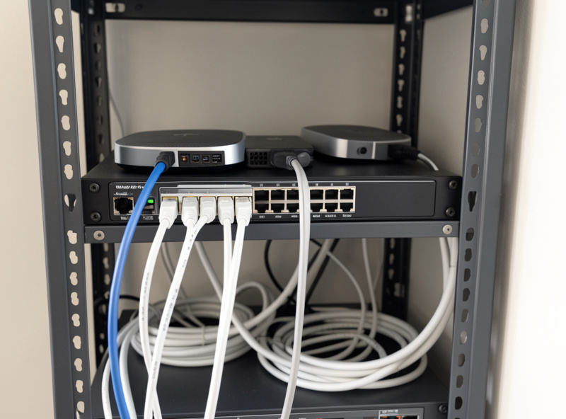 A managed PoE switch in a small home rack with ethernet cables running to ceiling access points