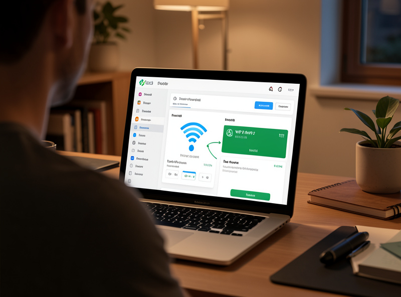 A laptop showing a wireless dashboard with a Wi-Fi 7 client connected at high throughput on a home office desk