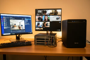 Three NVR software setups side by side — a Windows PC, a Linux mini server, and a Synology NAS with camera feeds