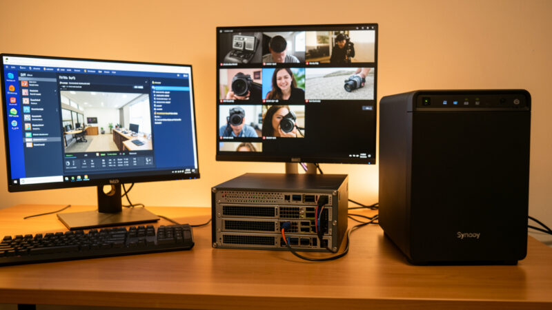 Three NVR software setups side by side — a Windows PC, a Linux mini server, and a Synology NAS with camera feeds