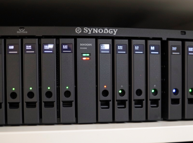 Synology NAS unit with drive bays on a shelf with status LEDs glowing