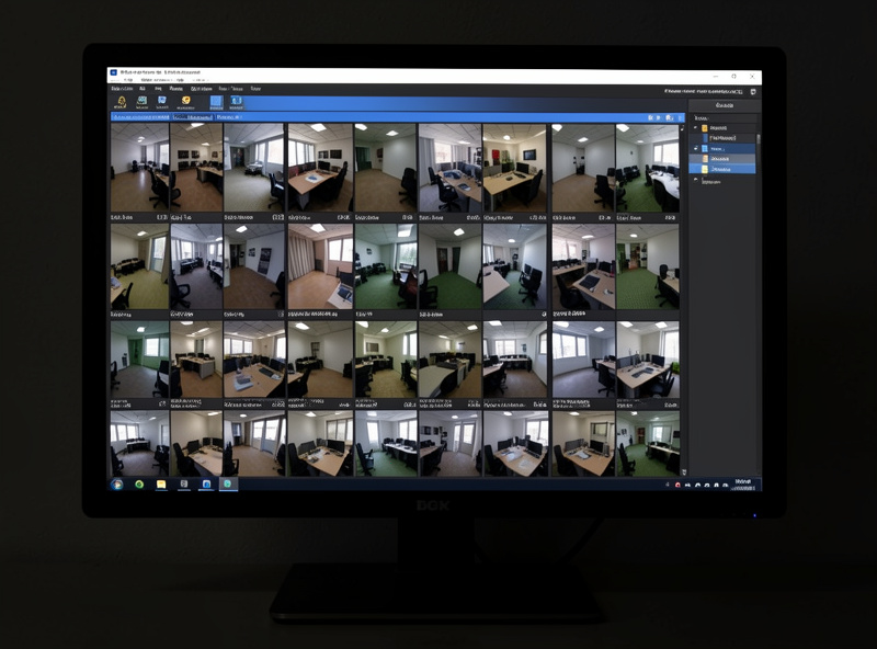 Windows desktop monitor showing a multi-camera NVR software interface with a grid of camera views