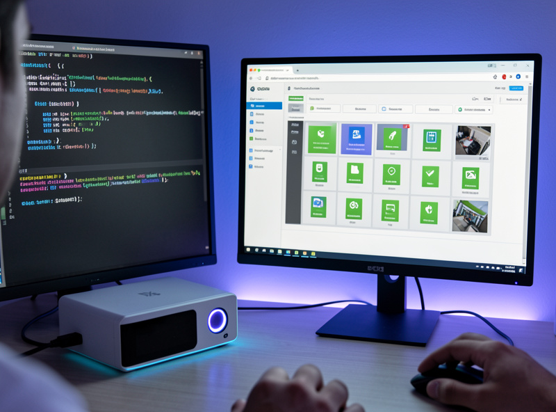 Linux terminal and browser showing an open-source NVR dashboard on a mini PC