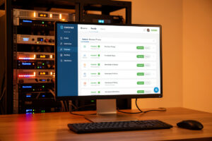 Monitor showing a reverse proxy dashboard with several service routes and a network rack behind