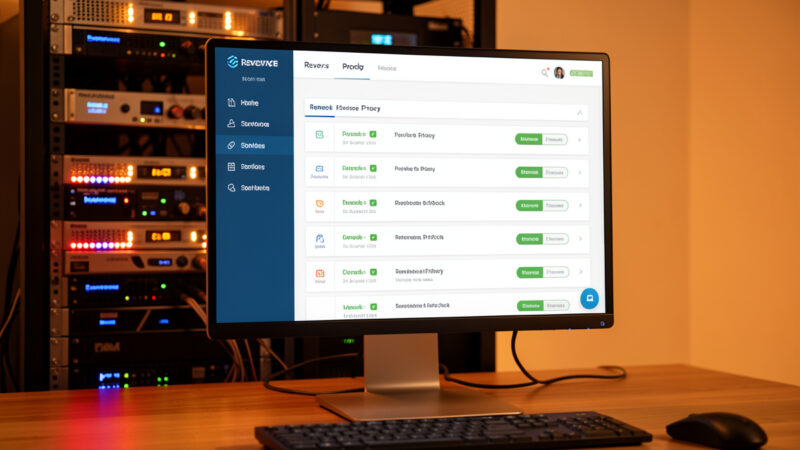 Monitor showing a reverse proxy dashboard with several service routes and a network rack behind