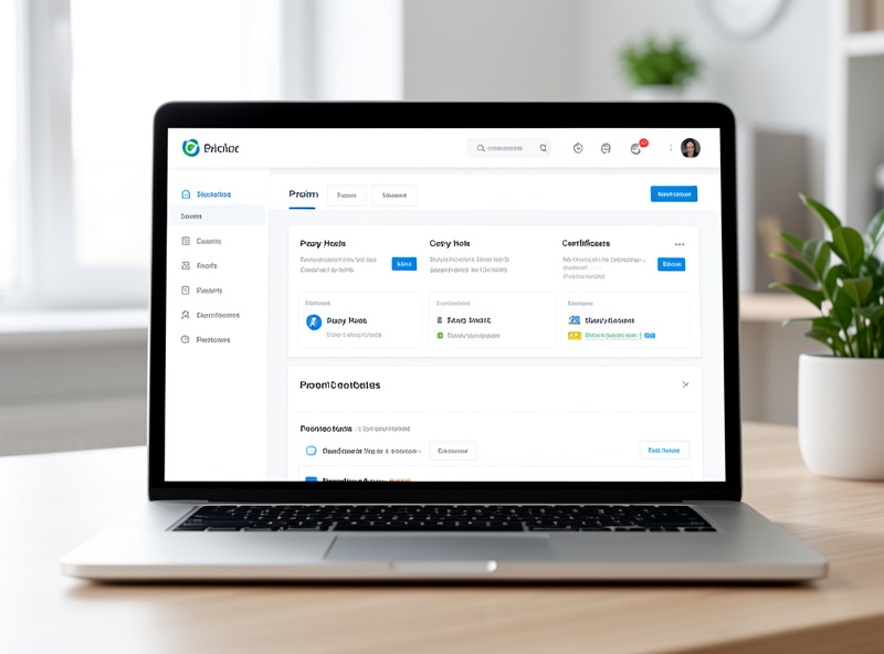 Laptop showing a clean web admin dashboard for managing proxy hosts and certificates