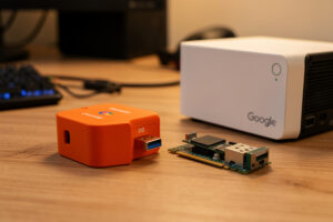 Google Coral USB TPU accelerator and a small GPU card side by side on a workbench with a mini PC