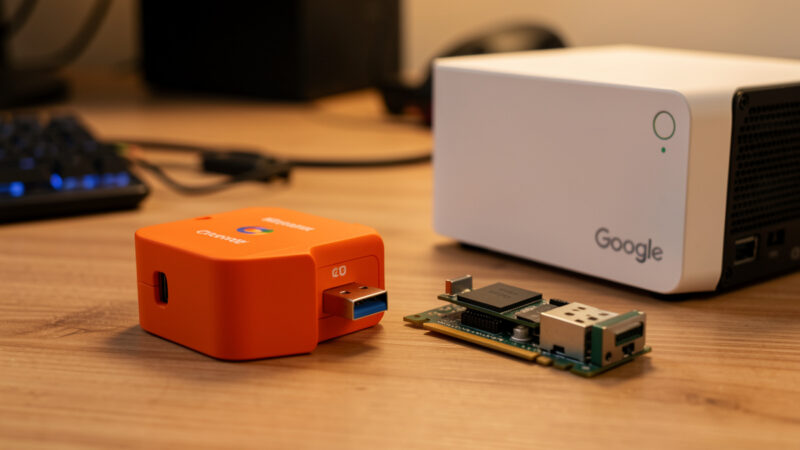 Google Coral USB TPU accelerator and a small GPU card side by side on a workbench with a mini PC