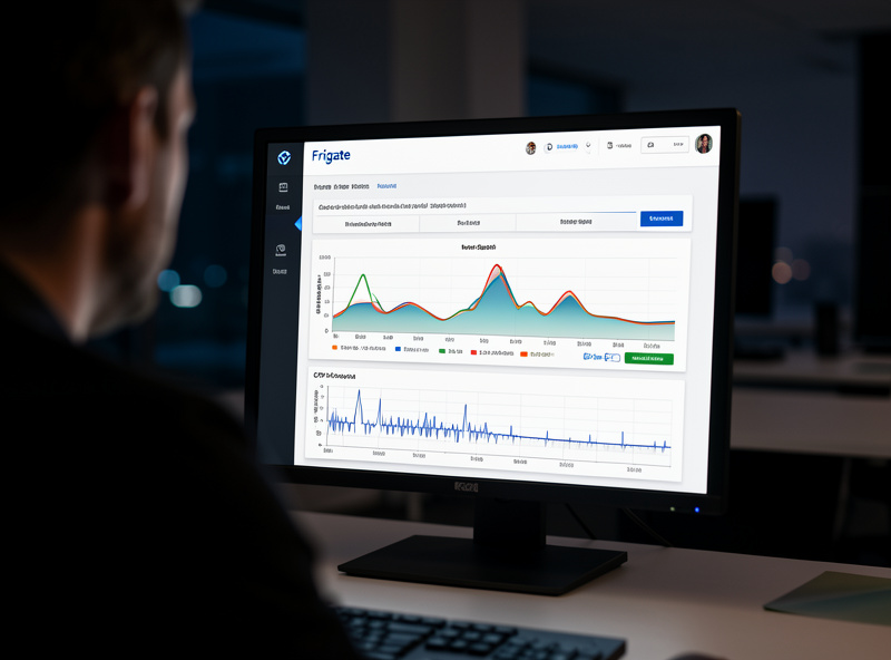 Monitor showing the Frigate system dashboard with inference speed and CPU usage graphs